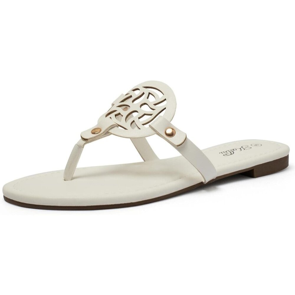 Women's White Flip Flop Comfortable Faux Leather Flat Sandals Shoes